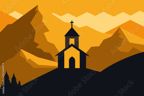 An old European church's silhouette stands against a vibrant sunset sky, its tower a beacon of religion in the night landscape