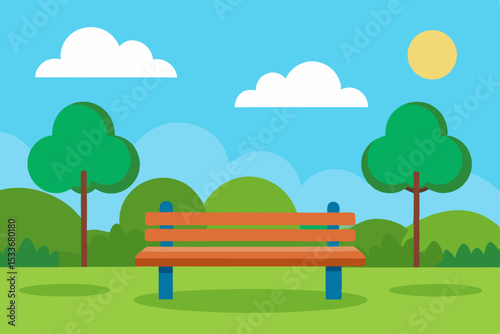 A serene park landscape illustration featuring a green bench under a summer sky with fluffy clouds, surrounded by trees, grass, and colorful spring flowers