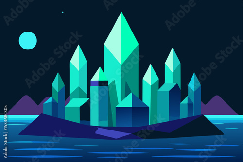 Enchanted Crystal City A Nighttime Fantasy Islandscape