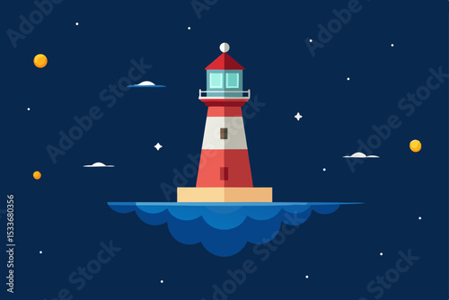 Lighthouse Night Scene Guiding Light in the Dark Ocean