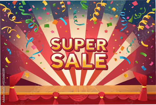 Vibrant vector background featuring colorful confetti explosion, ideal for super sale banners, advertisements, and promotional materials.  High-resolution, celebratory design.