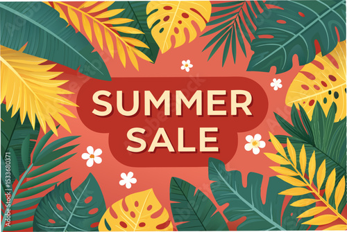 Design a vibrant summer sale banner featuring lush tropical leaves,  bright colors, and a prominent sale announcement.  Include space for text.