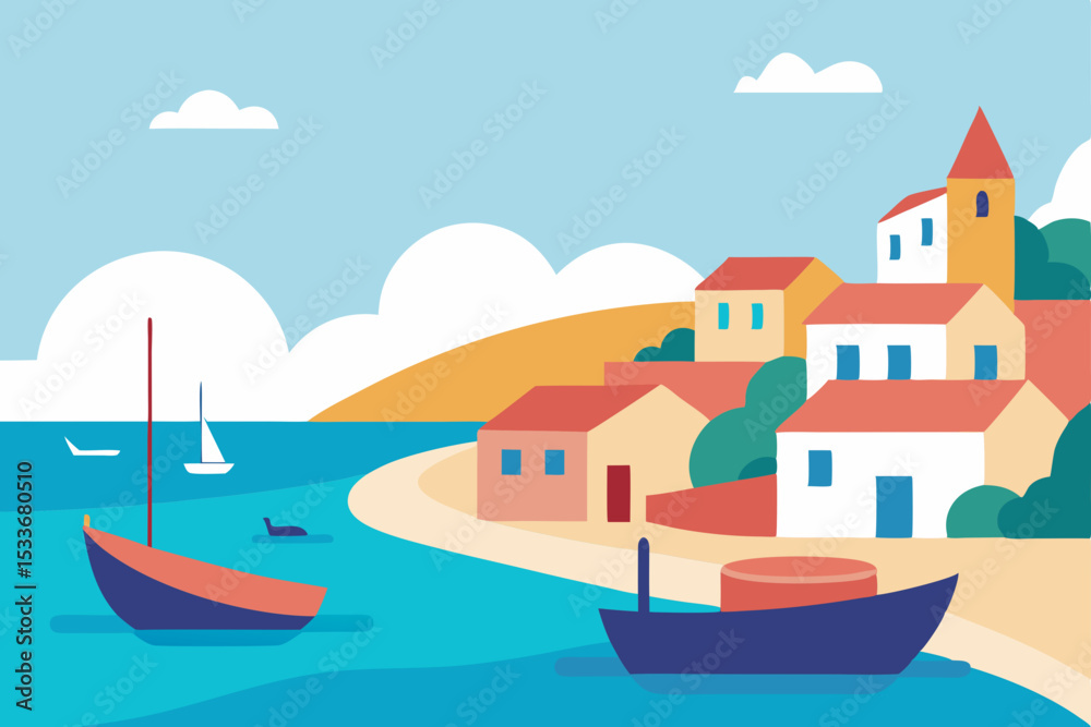 Naklejka premium Coastal Village Seascape Charming Houses, Boats, and Tranquil Ocean Views