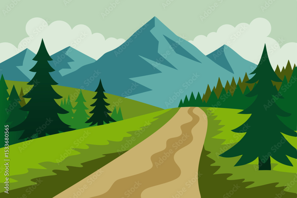 Fototapeta premium Serene Mountain Road A Picturesque Hiking Trail Through Majestic Peaks and Lush Forests