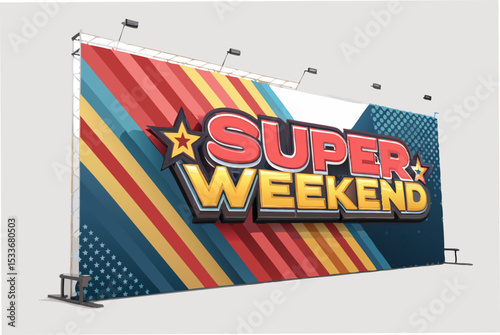 Design a vibrant promotional banner for a super weekend sale, featuring dynamic, colorful stripes and bold typography.  Focus on creating a sense of energy and excitement.