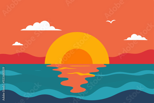 Vibrant Sunset Over Calm Ocean A Peaceful Summer Evening Illustration
