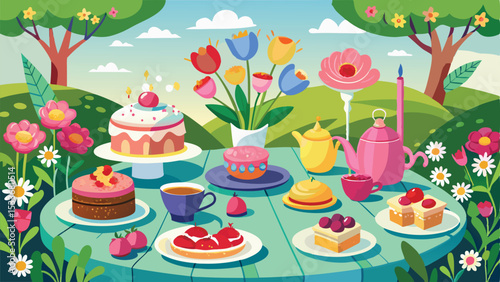 Whimsical floral tea party scene on a table with cakes and teapots transparency image