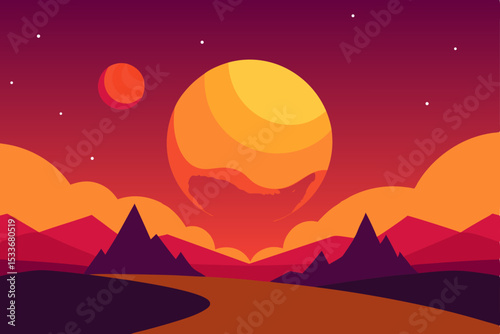 Alien Planet Sunset A Vibrant, Stylized Landscape Illustration