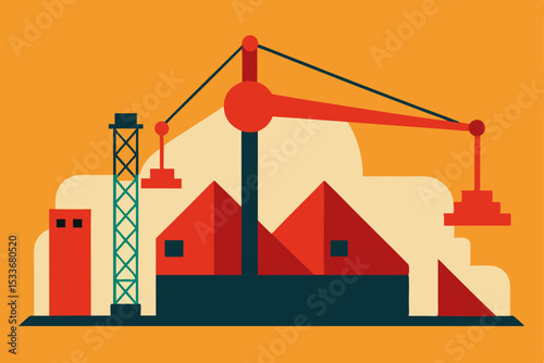 Construction Site Illustration Factory Building Under Construction with Crane
