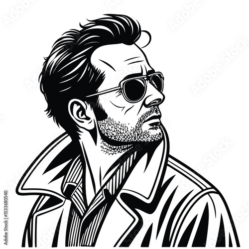 Stylish Man in Sunglasses and Trench Coat Portrait Illustration