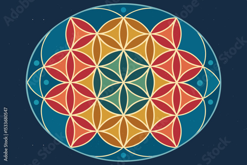 Generate a vibrant mandala design featuring symmetrical, interlocking circular patterns.  Incorporate intricate details and rich color palettes.