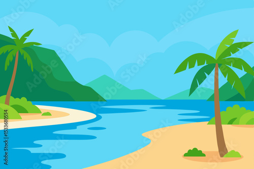 Serene Tropical Paradise Beach, Palm Trees, and Ocean View Illustration