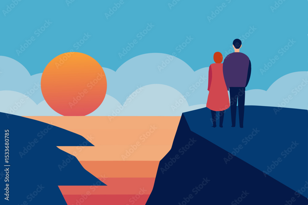 Obraz premium Couple Silhouetted Against a Sunset Ocean View from Clifftop