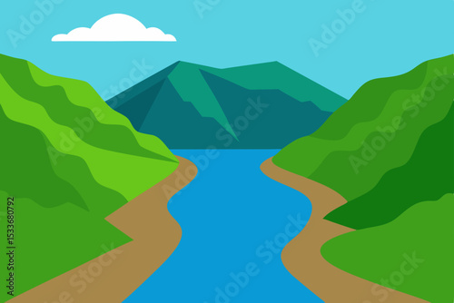 Serene River Valley Landscape Mountains, Water, and Lush Green Hills