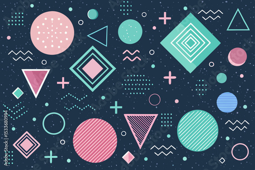 Create a dark vector background featuring trendy pastel neon shapes in various geometric forms.  Emphasis on a vibrant, modern aesthetic.