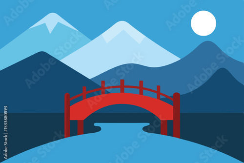 Serene Mountain Landscape Red Bridge over Calm Water at Night