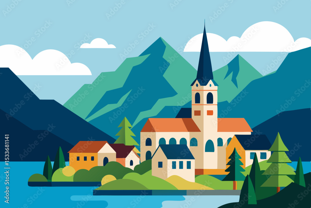 Naklejka premium Serene Lakeside Village Picturesque Mountain Scenery and Charming Architecture Illustration