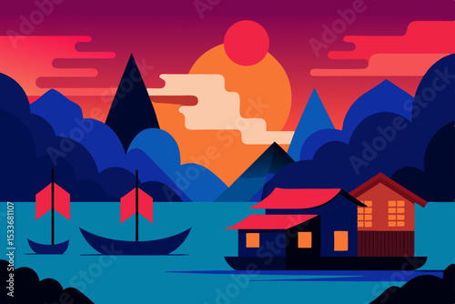 Serene Sunset Landscape Vibrant Colors and Tranquil Floating House Illustration
