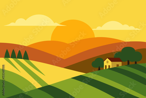 Sunset over Rolling Hills A Serene Countryside Illustration