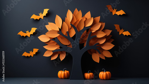 Orange Paper Bats Halloween Tree Pumpkins Dark Background