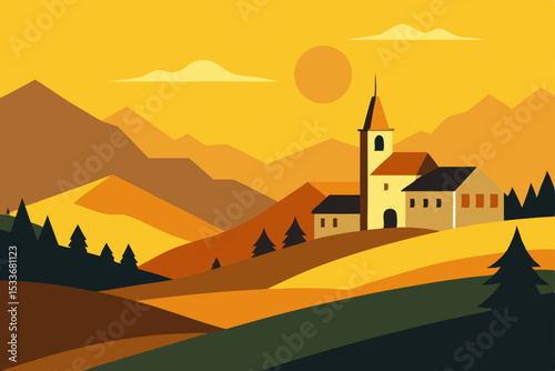 Golden Hour Village A Scenic Mountain Landscape Illustration