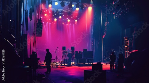 Empty concert stage with lighting and crew preparing.
