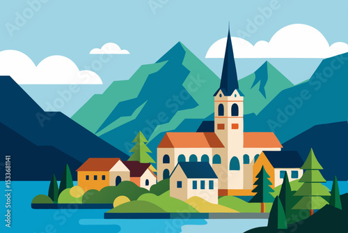 Serene Lakeside Village Picturesque Mountain Scenery and Charming Architecture Illustration