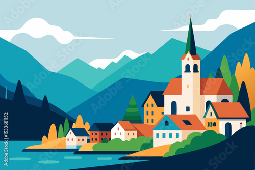 Serene Mountain Village Picturesque Lakeside Town in Autumn