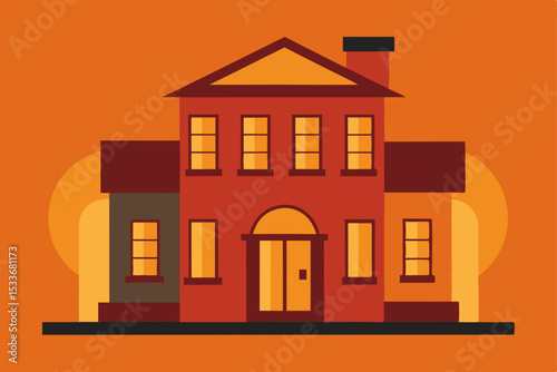 Elegant House Illustration Modern Architectural Design, Sunset Backdrop