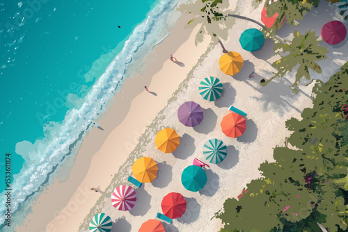 Overhead shot of a vibrant tropical beach with brightly colored, bold umbrellas, showcasing turquoise water and white sand.