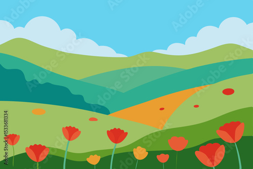 Serene Spring Landscape Rolling Hills and Blooming Flowers