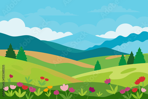 Serene Mountain Landscape Rolling Hills, Lush Meadows, and Vibrant Spring Flowers