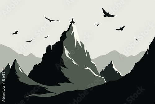 Majestic Mountain Peak Birds Soaring Above a Dramatic Landscape Illustration