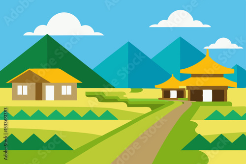 Serene Asian Village Landscape Rice Paddies, Mountains, and Traditional Houses
