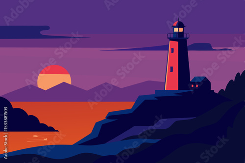 Serene Sunset Seascape Lighthouse Silhouette at Dusk