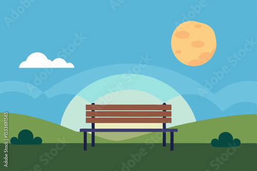 Serene Park Bench Peaceful Sunset Landscape Illustration