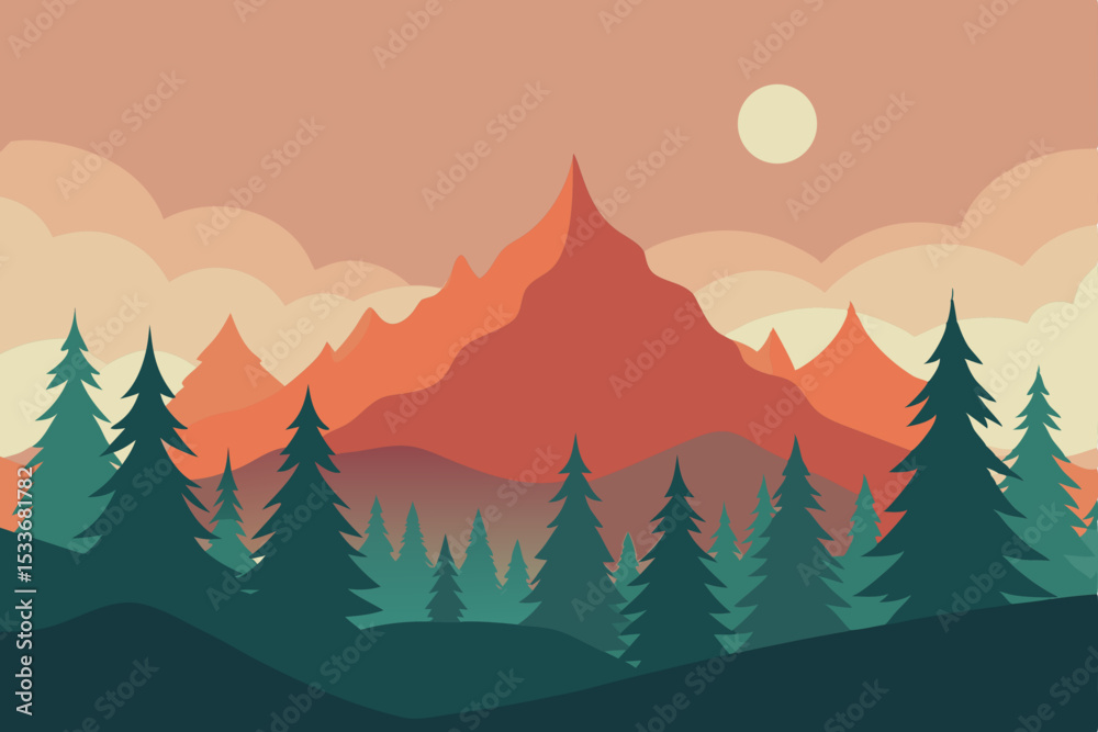 Fototapeta premium Majestic Mountain Landscape Sunrise over Pine Forest Peaks