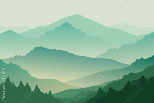 Serene Mountain Landscape Misty Peaks and Verdant Valleys
