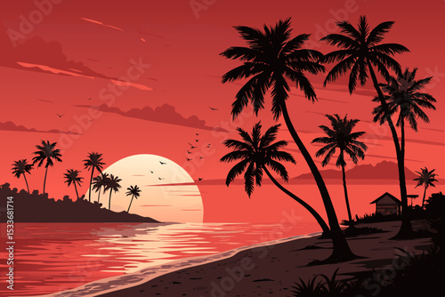Create a vibrant vector illustration of a sunset at a beach, featuring a red and orange sky, silhouetted palm trees, and calm ocean waves.