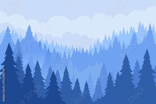Serene Winter Landscape Misty Blue Mountains and Evergreen Forest