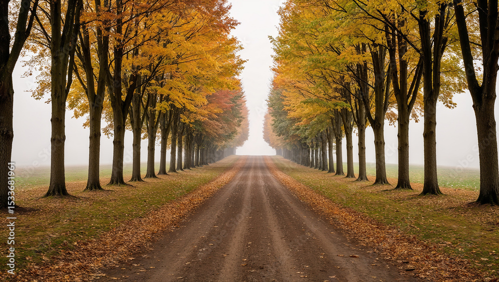 Naklejka premium Misty autumn road lined with colorful trees under grey sky