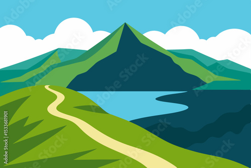 Sunrise over a serene mountain lake, reflecting the vibrant sky and lush green valley with snow-capped peaks shrouded in clouds