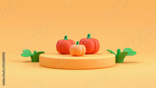Three Pumpkins Orange Platform Green Plants Autumnal Still Life