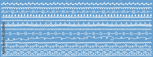 Set of long borders, ornaments. Hand drawn cute brushes for borders, frames. Ethnic pattern. 
