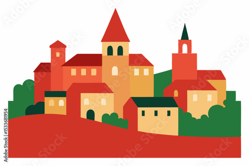 Vector cartoon illustration of a medieval fantasy castle with towers and a flag, a fairytale home in an old town or city