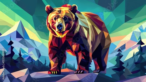 Low Poly Bear in Mountain Landscape