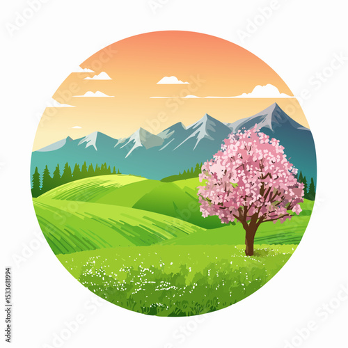 A green field with mountains in the background, a lone blooming tree against a sunrise sky