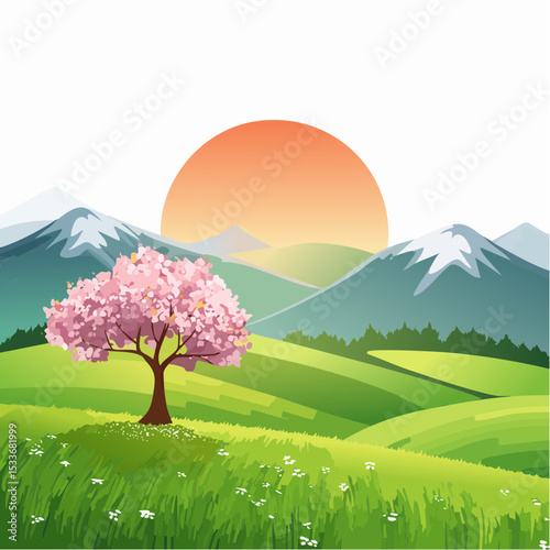 A green field with mountains in the background, a lone blooming tree against a sunrise sky