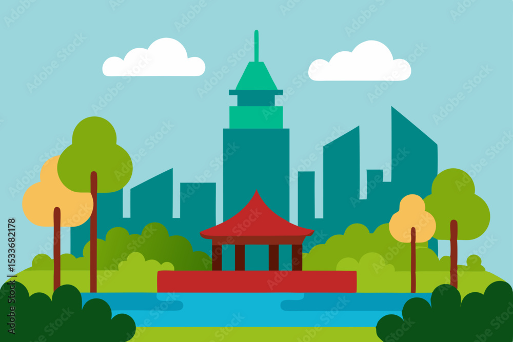Fototapeta premium A cartoon vector illustration of a green city landscape with houses, trees, and sky