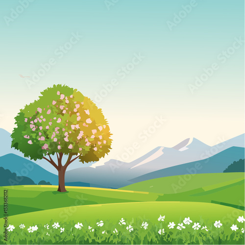 A green field with mountains in the background, a lone blooming tree against a sunrise sky